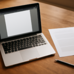 Laptop Linux menampilkan dokumen PDF di samping tumpukan kertas dan pena di meja kayu