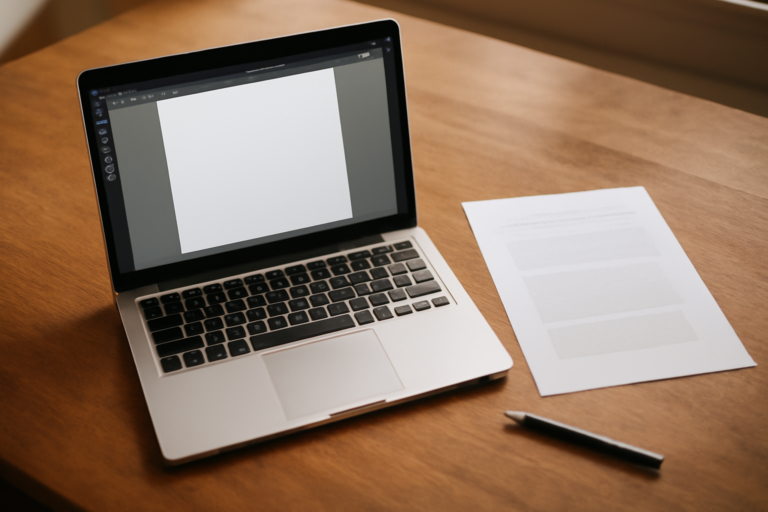 Laptop Linux menampilkan dokumen PDF di samping tumpukan kertas dan pena di meja kayu
