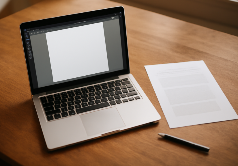 Laptop Linux menampilkan dokumen PDF di samping tumpukan kertas dan pena di meja kayu