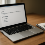 Laptop dengan aplikasi catatan Markdown di atas meja kayu, ditemani buku catatan dan pena