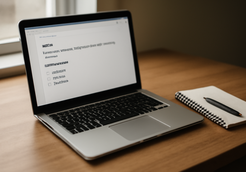 Laptop dengan aplikasi catatan Markdown di atas meja kayu, ditemani buku catatan dan pena