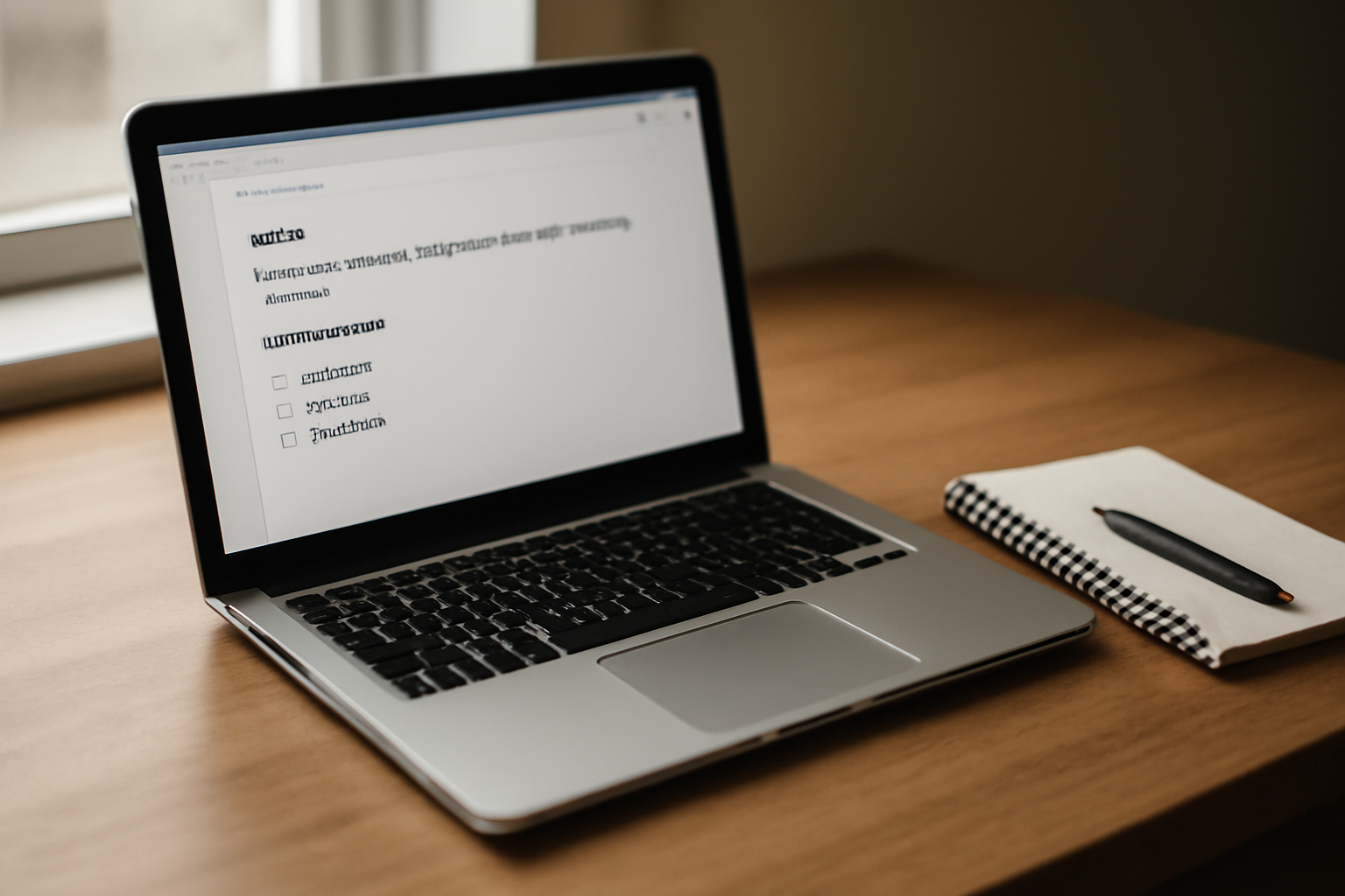 Laptop dengan aplikasi catatan Markdown di atas meja kayu, ditemani buku catatan dan pena