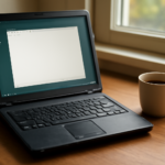 Laptop tua dengan desktop Linux ringan dan aplikasi editor teks terbuka di atas meja kayu