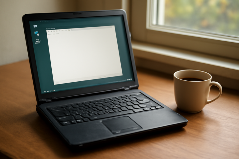 Laptop tua dengan desktop Linux ringan dan aplikasi editor teks terbuka di atas meja kayu