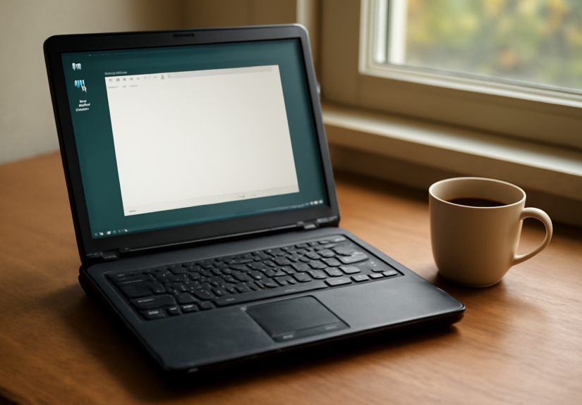 Laptop tua dengan desktop Linux ringan dan aplikasi editor teks terbuka di atas meja kayu