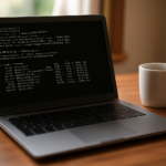 Laptop menampilkan terminal Linux dengan perintah ping untuk cek koneksi internet