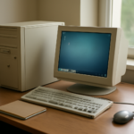 Komputer kantor lama dengan monitor yang menjalankan distro Linux ringan di meja kerja