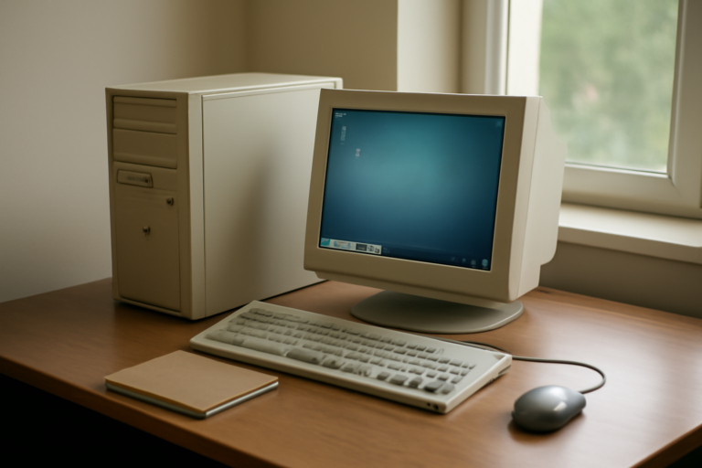 Komputer kantor lama dengan monitor yang menjalankan distro Linux ringan di meja kerja