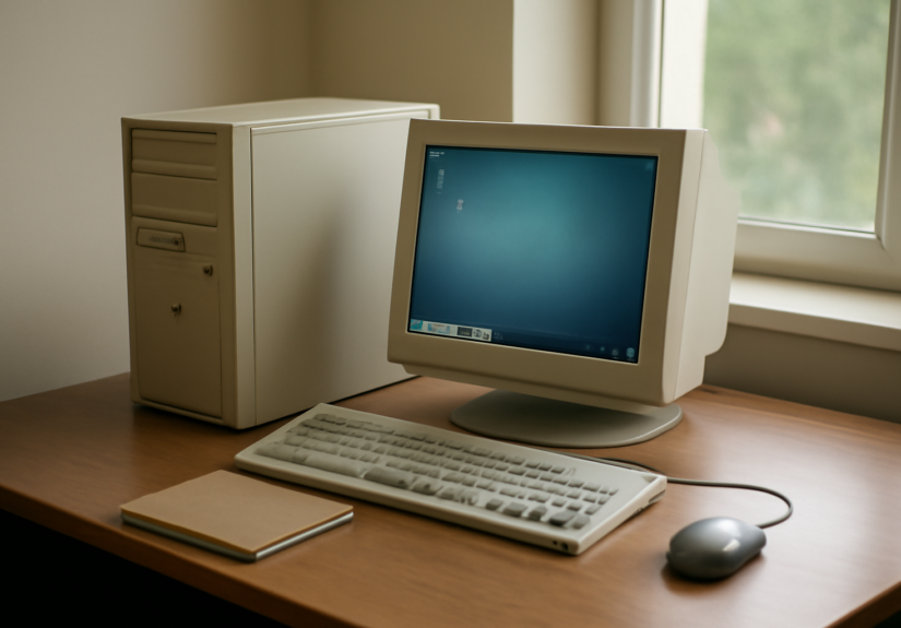 Komputer kantor lama dengan monitor yang menjalankan distro Linux ringan di meja kerja