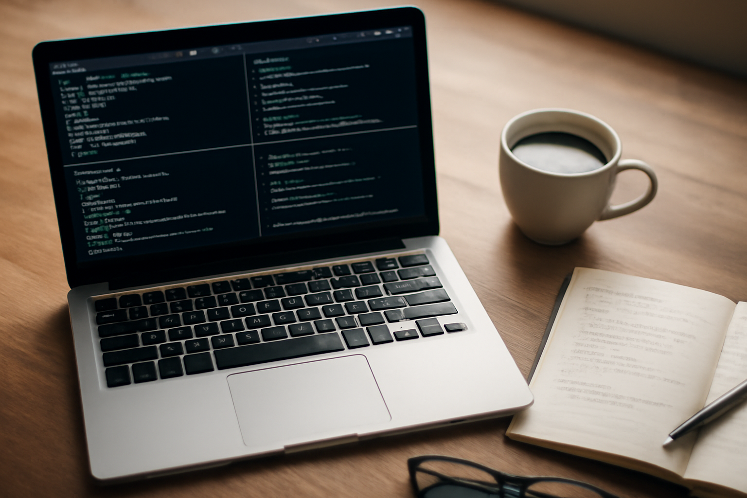 Laptop dengan beberapa jendela terminal Linux terbuka di atas meja kayu