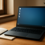 Laptop dengan desktop Linux yang rapi di meja kayu, ditemani buku catatan