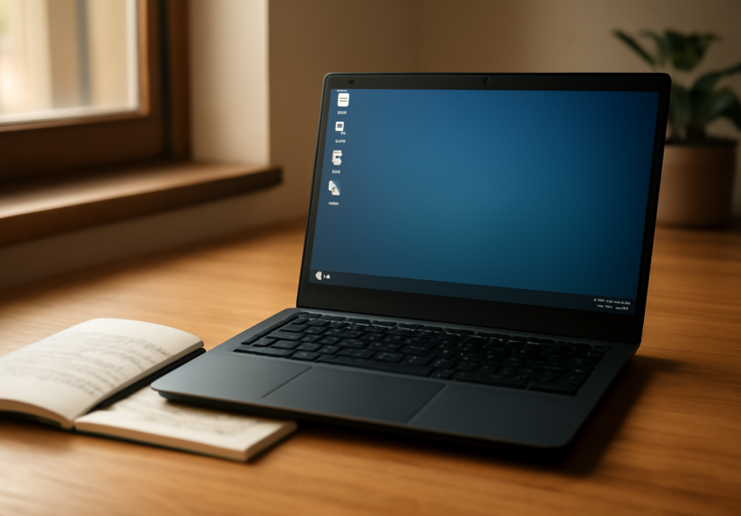 Laptop dengan desktop Linux yang rapi di meja kayu, ditemani buku catatan