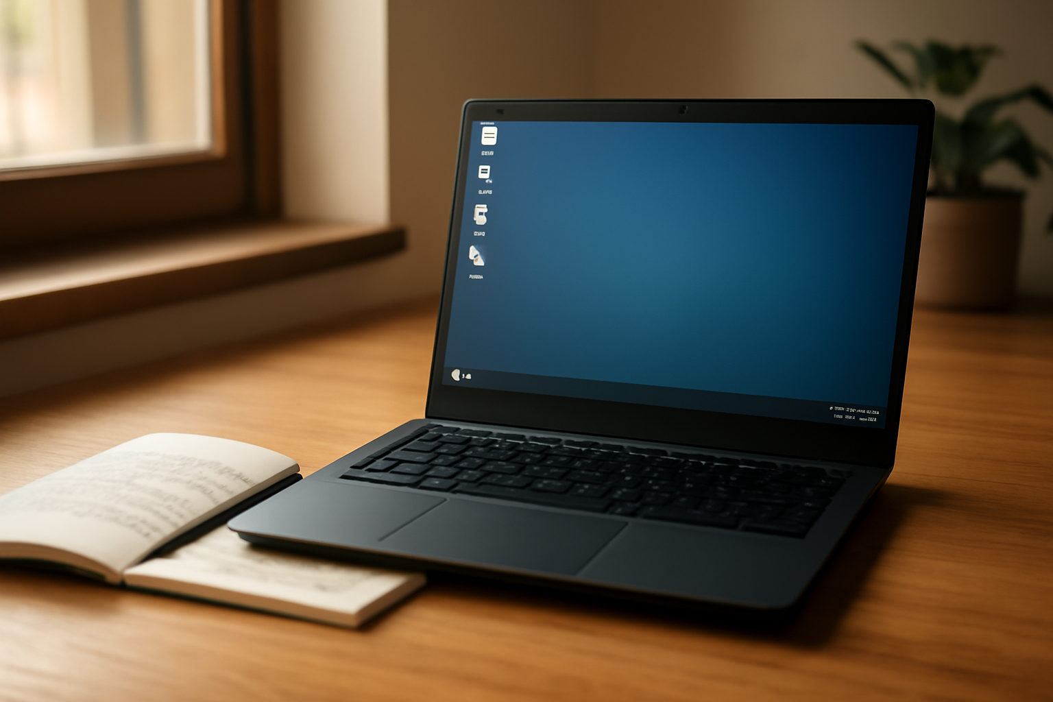 Laptop dengan desktop Linux yang rapi di meja kayu, ditemani buku catatan